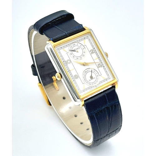 964 - A Vintage Seiko Dual Time Quartz Unisex Watch. Black leather strap. Rectangular case - 26mm width. W... 