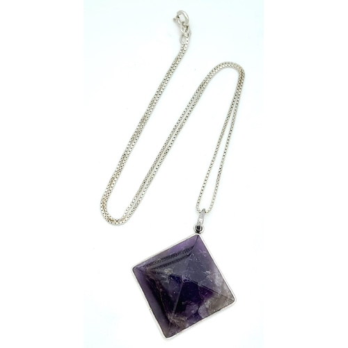 976 - A Sterling Silver Pyramid Cut Amethyst Pendant Necklace. 37cm Length. Amethyst Measures 2cm Width. G... 