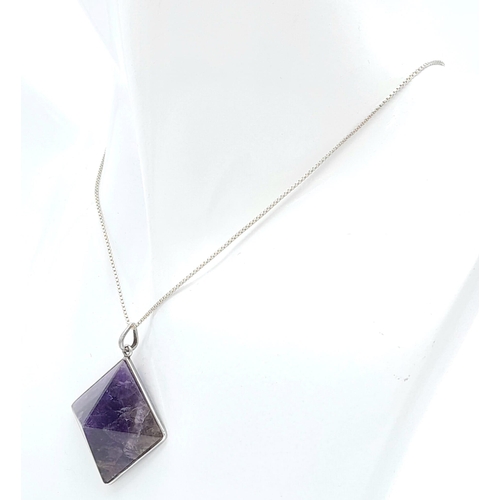 976 - A Sterling Silver Pyramid Cut Amethyst Pendant Necklace. 37cm Length. Amethyst Measures 2cm Width. G... 