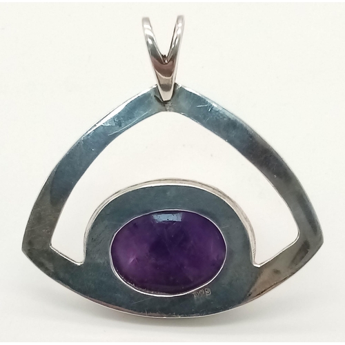 1019 - A Modernist Design, Sterling Silver, 2.4cm Length Oval Cut Amethyst Cabochon Pendant. The Pendant Me... 