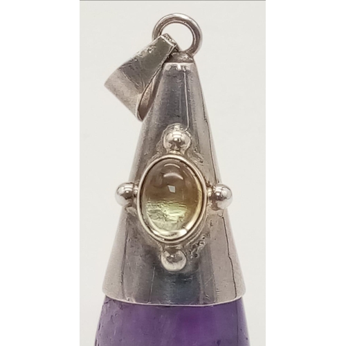 1026 - A  Sterling Silver Amethyst and Citrine Set Pendant. Set with a 1.6cm Wide Tear Drop/Pear Cut Amethy... 