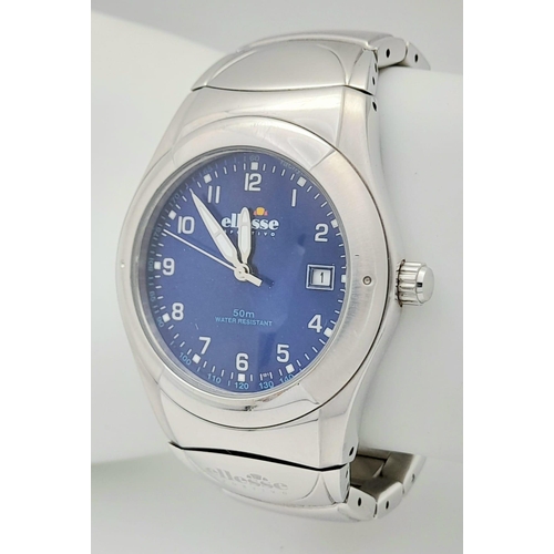 1041 - A Vintage Ellesse, Blue Face, Stainless Steel Date Watch. 41mm Including Crown. Full Working Order.