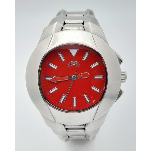 1055 - A Vintage Adidas, Red Face, Stainless Steel Date Watch. 45mm Including Crown. Full Working Order.