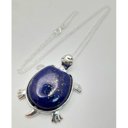 1064 - A Lapis Lazuli Turtle Pendant on a Disappearing 925 Silver Necklace. 4.5cm and 42cm.