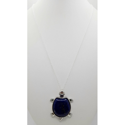 1064 - A Lapis Lazuli Turtle Pendant on a Disappearing 925 Silver Necklace. 4.5cm and 42cm.