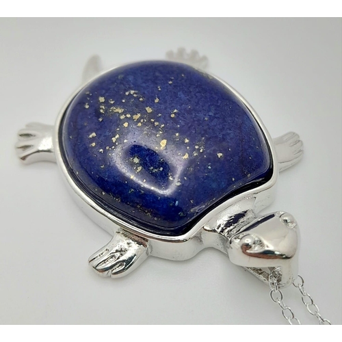 1064 - A Lapis Lazuli Turtle Pendant on a Disappearing 925 Silver Necklace. 4.5cm and 42cm.