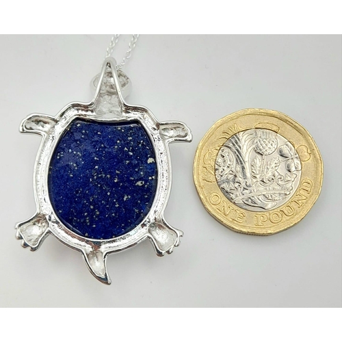 1064 - A Lapis Lazuli Turtle Pendant on a Disappearing 925 Silver Necklace. 4.5cm and 42cm.