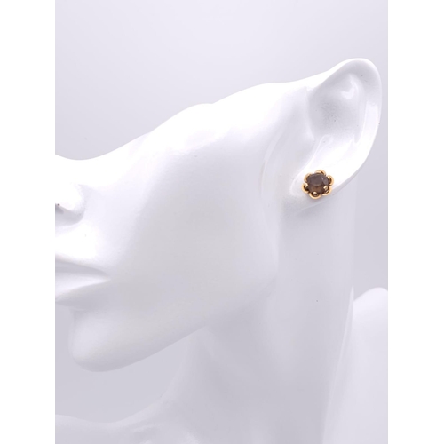 661 - A Pair of Vintage 9K Yellow Gold Smoky Quartz Stud Earrings. 2.65g weight.