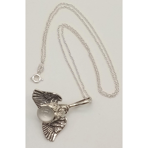 662 - A Unique Sterling Silver Eagle and Crystal Ball Pendant Necklace. Sterling Silver Pendant Measures 3... 