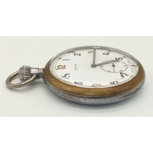 690 - A Military CYMA pocket watch, 52 mm case, white dial with Arabic numerals and seconds sub-dial. Swis... 