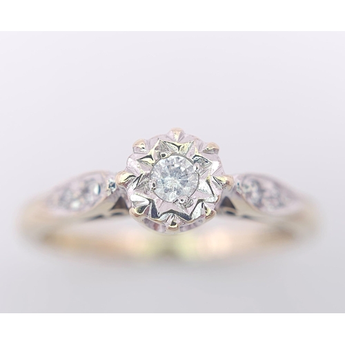 699 - 9K YELLOW GOLD SOLITAIRE DIAMOND RING, WITH FURTHER DECORATING DIAMONDS ON SHOULDERS, WEIGHT 2.2G SI... 