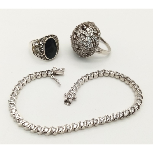 839 - 3 X STERLING SILVER ITEMS TO INCLUDE: A STONE SET TENNIS BRACELET, A STONE SET BUBBLE RING SIZE P AN... 