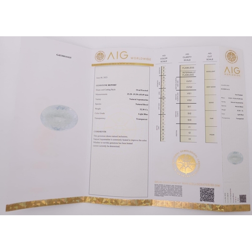 888 - A 32.30ct Brazilian Aquamarine Gemstone - AIG Milan Sealed and Certified. Ref: ZK003