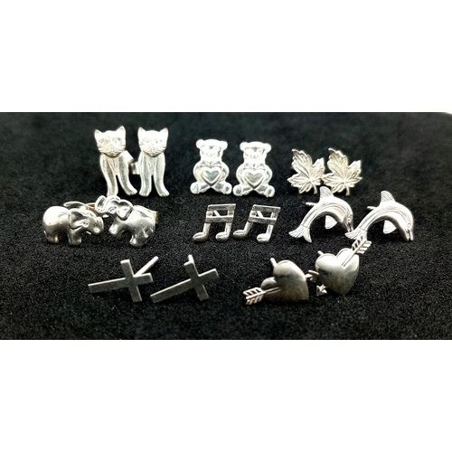 1099 - SELECTION OF 8 PAIRS OF STERLING SILVER STUD EARRINGS TO INCLUDE DOLPHINS, TEDDY BEAR, CAT,HEARTS, M... 