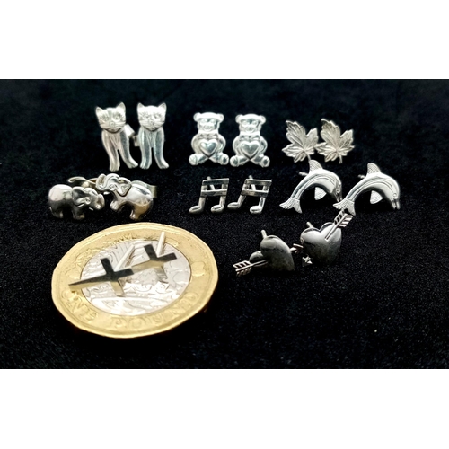 1099 - SELECTION OF 8 PAIRS OF STERLING SILVER STUD EARRINGS TO INCLUDE DOLPHINS, TEDDY BEAR, CAT,HEARTS, M... 