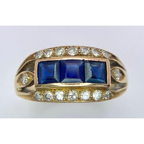 573 - AN ATTRACTIVE 18K YELLOW GOLD VINTAGE DIAMOND & SAPPHIRE 3 ROW RING, APPROX 0.40CT DIAMONDS, WEIGHT ... 