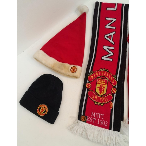 709 - A Collection of Manchester United Clothing: Nike Red Shirt - AIG (XL), Scarf, Xmas Hat, Beenie hat a... 