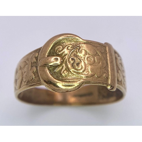 713 - A VINTAGE 9K YELLOW GOLD BUCKLE RING, WEIGHT 3G SIZE S