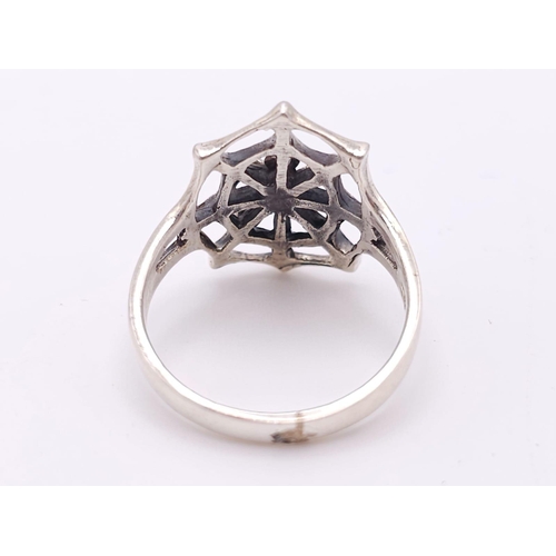 816 - A Unique Vintage Sterling Silver Spider and Spider Web Ring Size Q. The Crown Measures 2cm Long and ... 