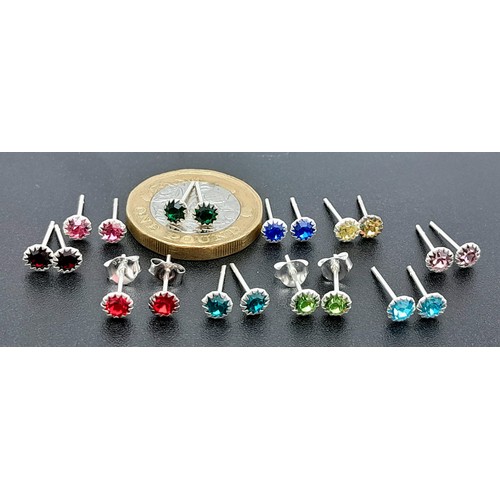 1098 - 10 X PAIRS OF STERLING SILVER STONE SET STUD EARRINGS, VARIOUS VIBRANT COLOURS WITH 2 PAIRS OF SILVE... 