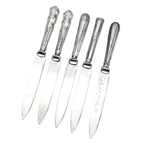 1184 - A collection of 5 antique sterling silver knives with different fabulous engravings on handles. Full... 