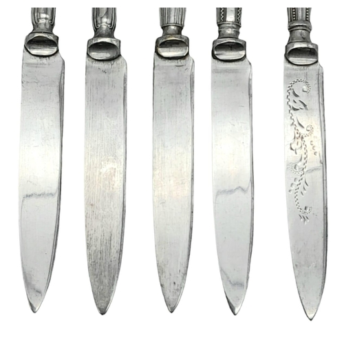 1184 - A collection of 5 antique sterling silver knives with different fabulous engravings on handles. Full... 