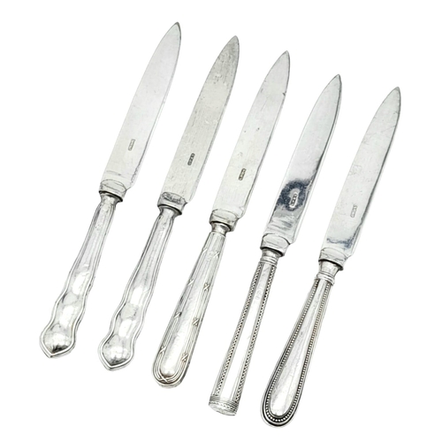 1184 - A collection of 5 antique sterling silver knives with different fabulous engravings on handles. Full... 