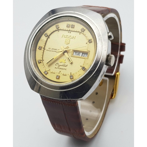 1201 - A Vintage 21 Jewels Ricoh Automatic Gents Watch. Brown leather strap. Stainless steel case - 40mm. G... 