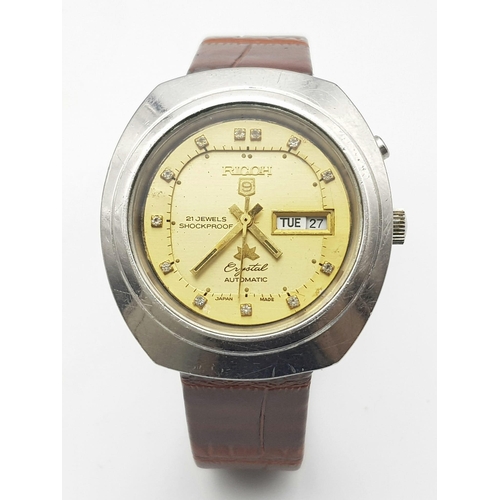 1201 - A Vintage 21 Jewels Ricoh Automatic Gents Watch. Brown leather strap. Stainless steel case - 40mm. G... 