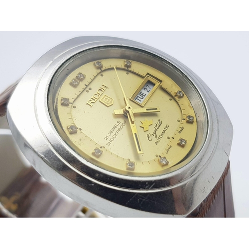 1201 - A Vintage 21 Jewels Ricoh Automatic Gents Watch. Brown leather strap. Stainless steel case - 40mm. G... 