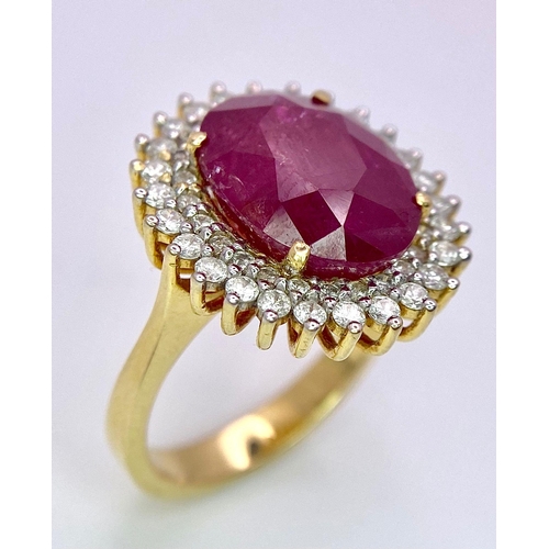 909 - An 18K Ruby and Diamond Ring. Central oval cut 7.75ct ruby with a diamond surround. Comes with a IGI... 