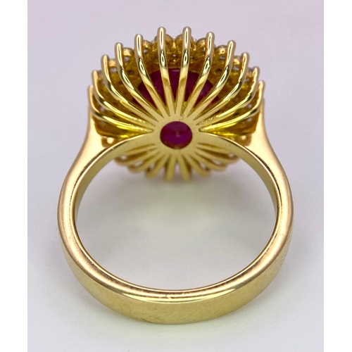 909 - An 18K Ruby and Diamond Ring. Central oval cut 7.75ct ruby with a diamond surround. Comes with a IGI... 