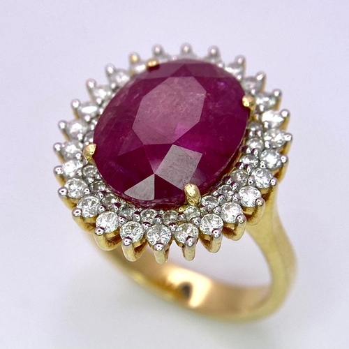 909 - An 18K Ruby and Diamond Ring. Central oval cut 7.75ct ruby with a diamond surround. Comes with a IGI... 