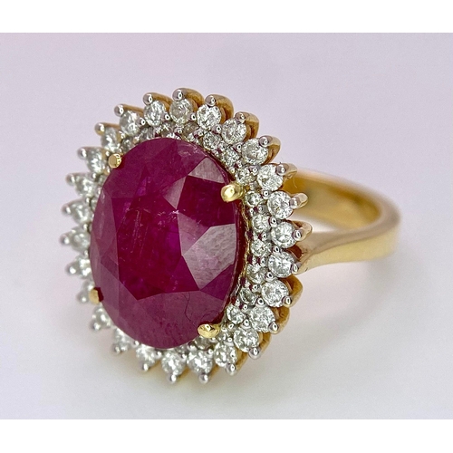 909 - An 18K Ruby and Diamond Ring. Central oval cut 7.75ct ruby with a diamond surround. Comes with a IGI... 