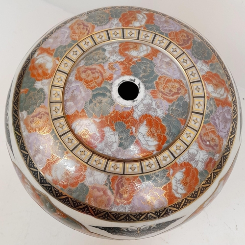 1300 - A LARGE ORIENTAL JAR IN THE STYLE OF YABU MEIZAN , HAS HOLES TOP AND BOTTOM READY FOR WIRING AS A LA... 