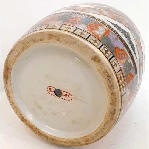 1300 - A LARGE ORIENTAL JAR IN THE STYLE OF YABU MEIZAN , HAS HOLES TOP AND BOTTOM READY FOR WIRING AS A LA... 