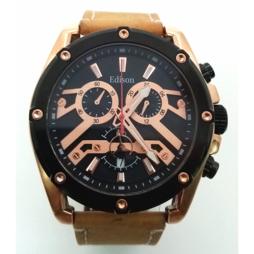 1302 - An Edison Chronograph Quartz Gents Watch. Brown leather strap. Rose gold stainless steel case - 50mm... 