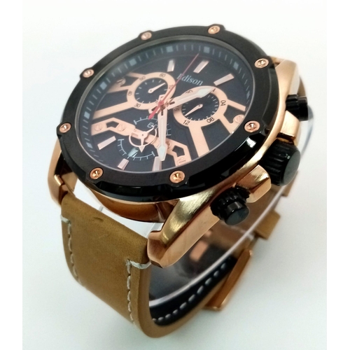 1302 - An Edison Chronograph Quartz Gents Watch. Brown leather strap. Rose gold stainless steel case - 50mm... 