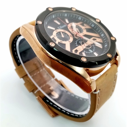 1302 - An Edison Chronograph Quartz Gents Watch. Brown leather strap. Rose gold stainless steel case - 50mm... 