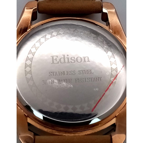 1302 - An Edison Chronograph Quartz Gents Watch. Brown leather strap. Rose gold stainless steel case - 50mm... 