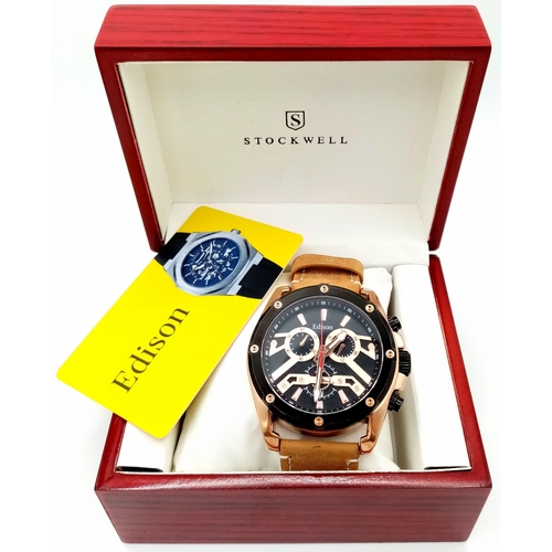 1302 - An Edison Chronograph Quartz Gents Watch. Brown leather strap. Rose gold stainless steel case - 50mm... 