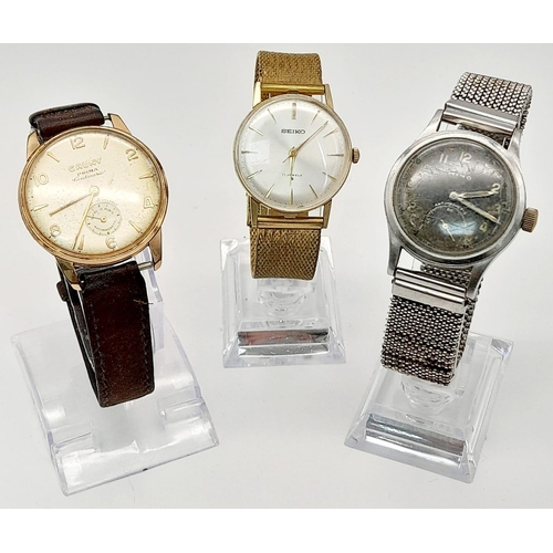 1361 - Three Interesting Vintage Watches: Seiko, Cauny and a Mimo. All as found.