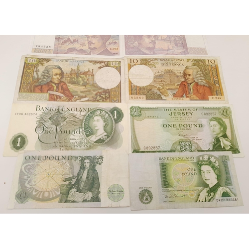 1323 - A Small Collection of Vintage British and French Currency Notes. Different grades but please see pho... 