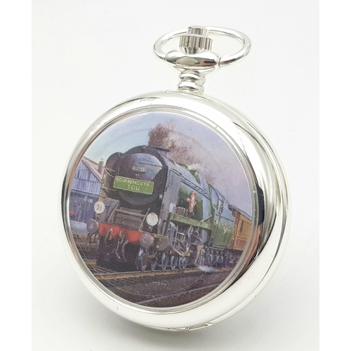 1225 - A Manual Wind Silver Plated Pocket Watch Detailing the Steam Train ‘Merchant Navy Class’, with Prese... 