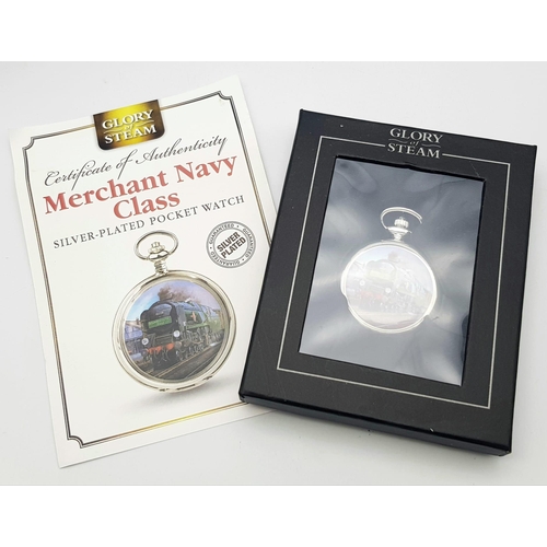 1225 - A Manual Wind Silver Plated Pocket Watch Detailing the Steam Train ‘Merchant Navy Class’, with Prese... 