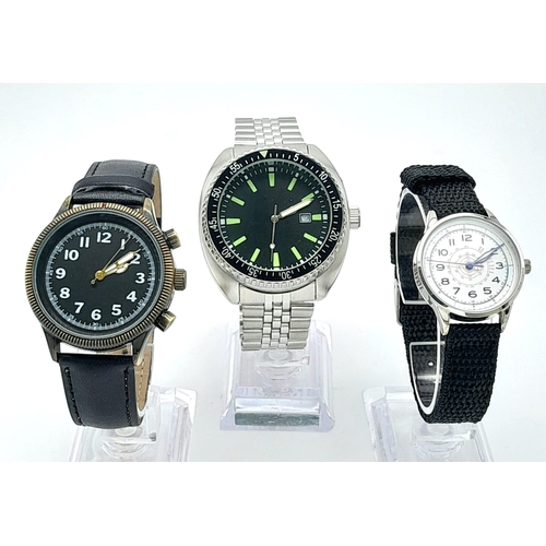 1387 - A Parcel of Three Military design Homage Watches Comprising; 
1) Australian Navy Watch (44mm Case), ... 