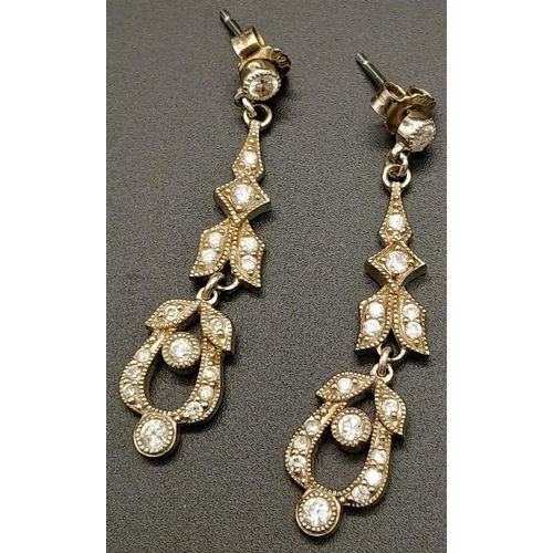 1213 - A Pair of Art Deco Style 925 Silver Drop Earrings. 4cm drop