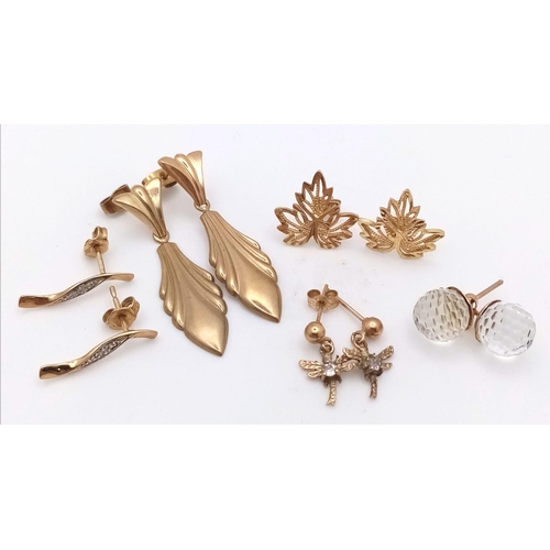 1271 - 5 PAIRs OF 9K GOLD EARRINGS IN DIFFERENT STYLES . 5.1gms.