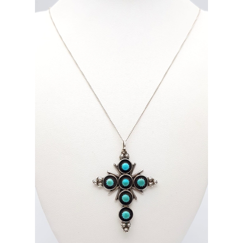 1281 - A Vintage Silver Ornate Turquoise Set Cross Pendant Necklace. Cross Measures 5.5cm Length on 66cm Le... 