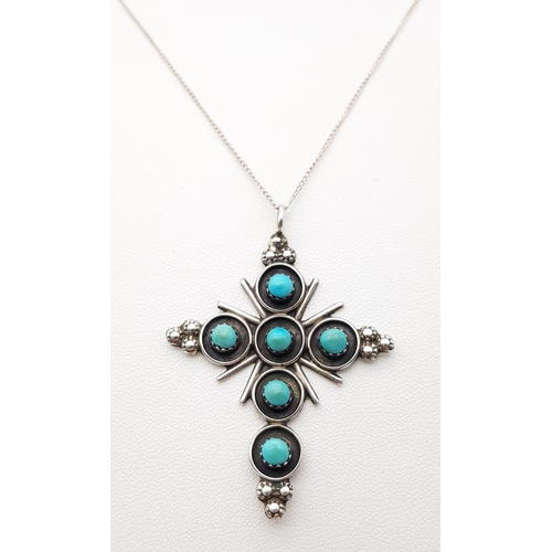 1281 - A Vintage Silver Ornate Turquoise Set Cross Pendant Necklace. Cross Measures 5.5cm Length on 66cm Le... 